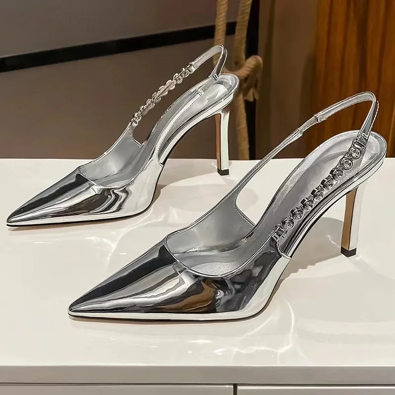 Shiny Metallic Crystal Pointed Toe Heels