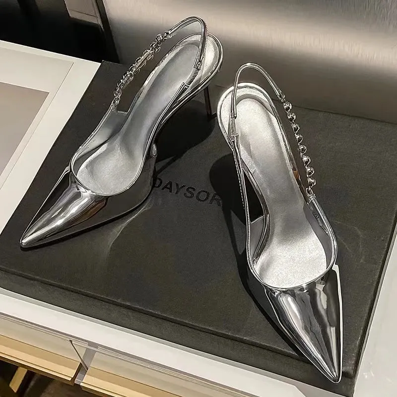 Shiny Metallic Crystal Pointed Toe Heels