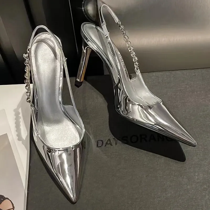 Shiny Metallic Crystal Pointed Toe Heels