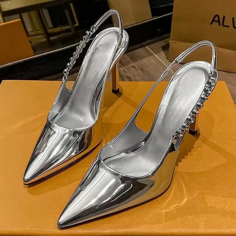Shiny Metallic Crystal Pointed Toe Heels