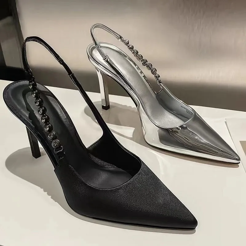 Shiny Metallic Crystal Pointed Toe Heels