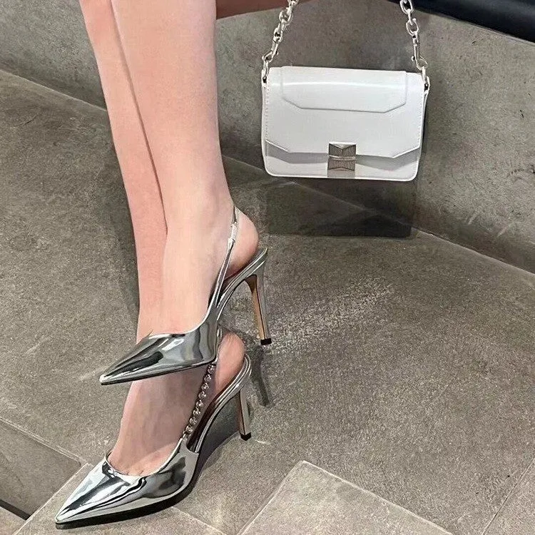 Shiny Metallic Crystal Pointed Toe Heels