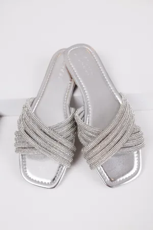 Silver Rhinestone Cross Strap Slide Sandals