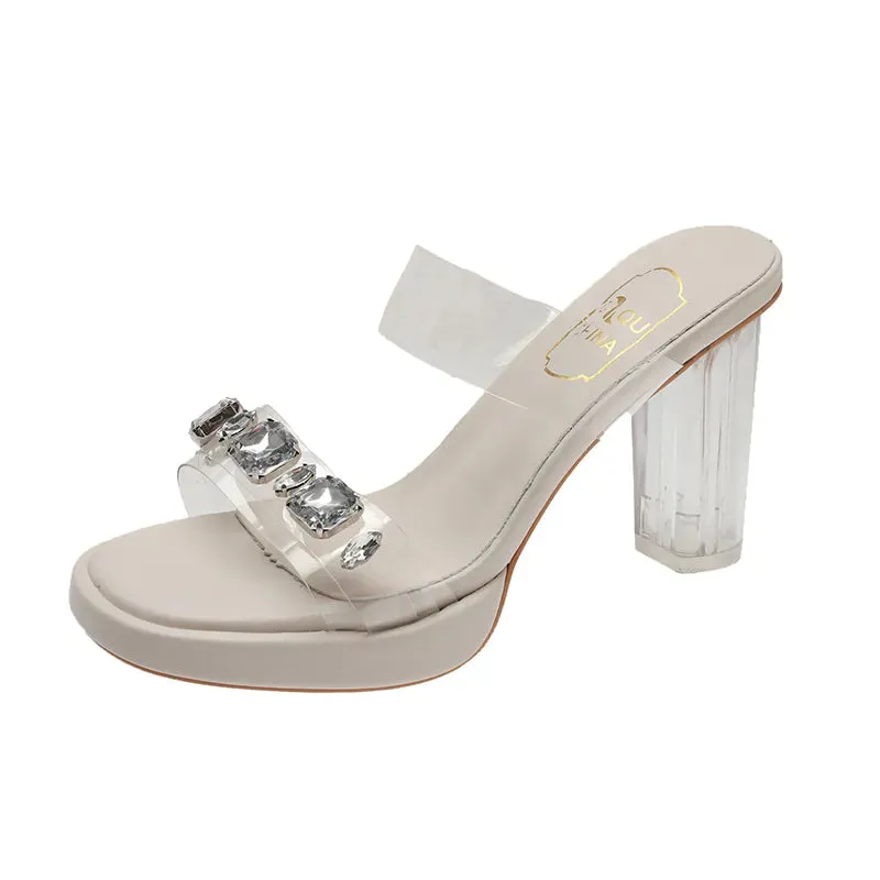 Sohiwoo Chunky Platform High Heels Sandals Women Summer 2023 Shiny Crystal Transparent Pvc Sandals Woman Clear Thick Heeled Party Shoes