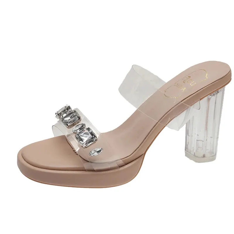 Sohiwoo Chunky Platform High Heels Sandals Women Summer 2023 Shiny Crystal Transparent Pvc Sandals Woman Clear Thick Heeled Party Shoes