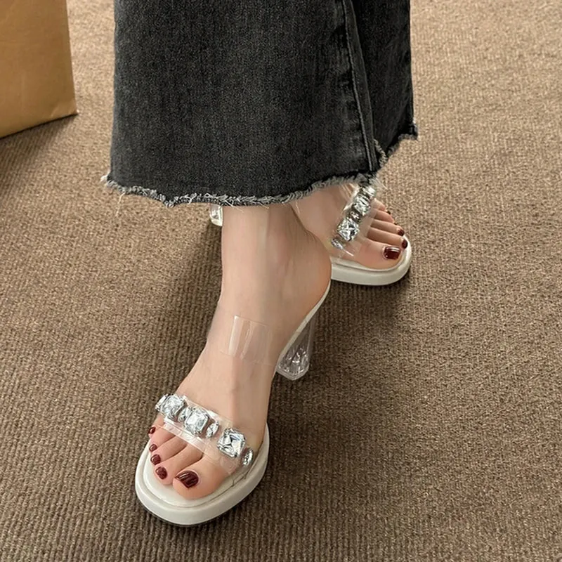 Sohiwoo Chunky Platform High Heels Sandals Women Summer 2023 Shiny Crystal Transparent Pvc Sandals Woman Clear Thick Heeled Party Shoes