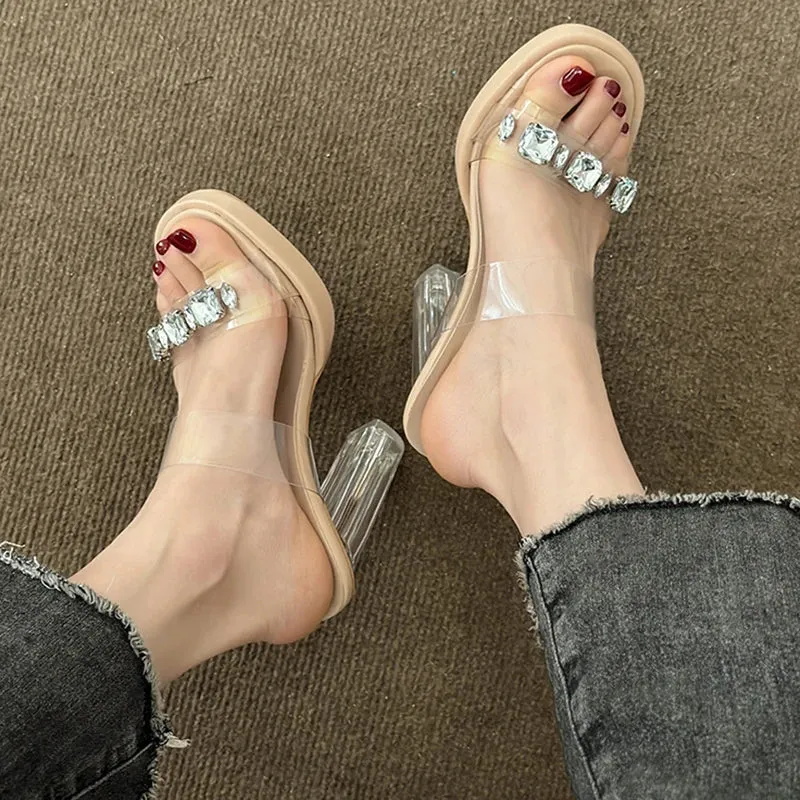 Sohiwoo Chunky Platform High Heels Sandals Women Summer 2023 Shiny Crystal Transparent Pvc Sandals Woman Clear Thick Heeled Party Shoes