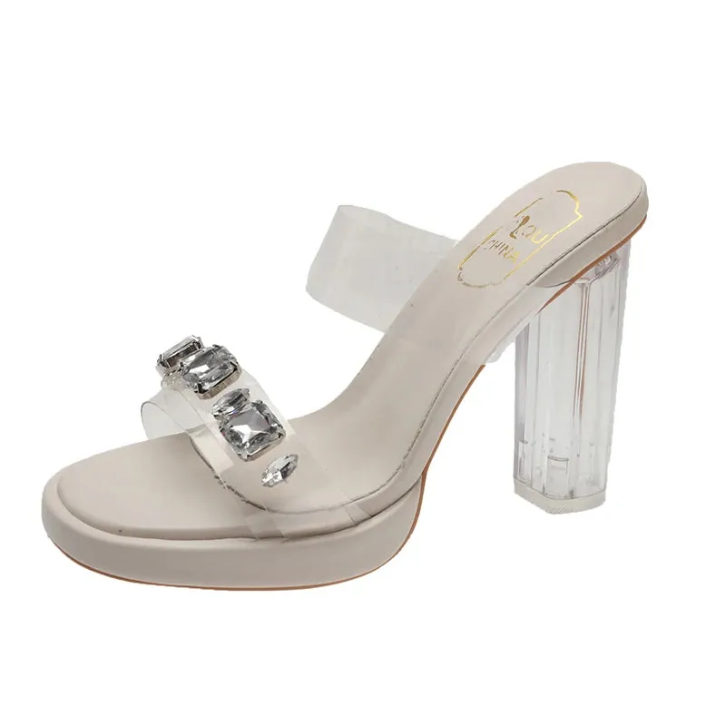 Sohiwoo Chunky Platform High Heels Sandals Women Summer 2023 Shiny Crystal Transparent Pvc Sandals Woman Clear Thick Heeled Party Shoes