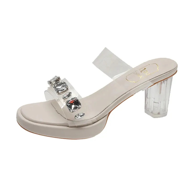 Sohiwoo Chunky Platform High Heels Sandals Women Summer 2023 Shiny Crystal Transparent Pvc Sandals Woman Clear Thick Heeled Party Shoes