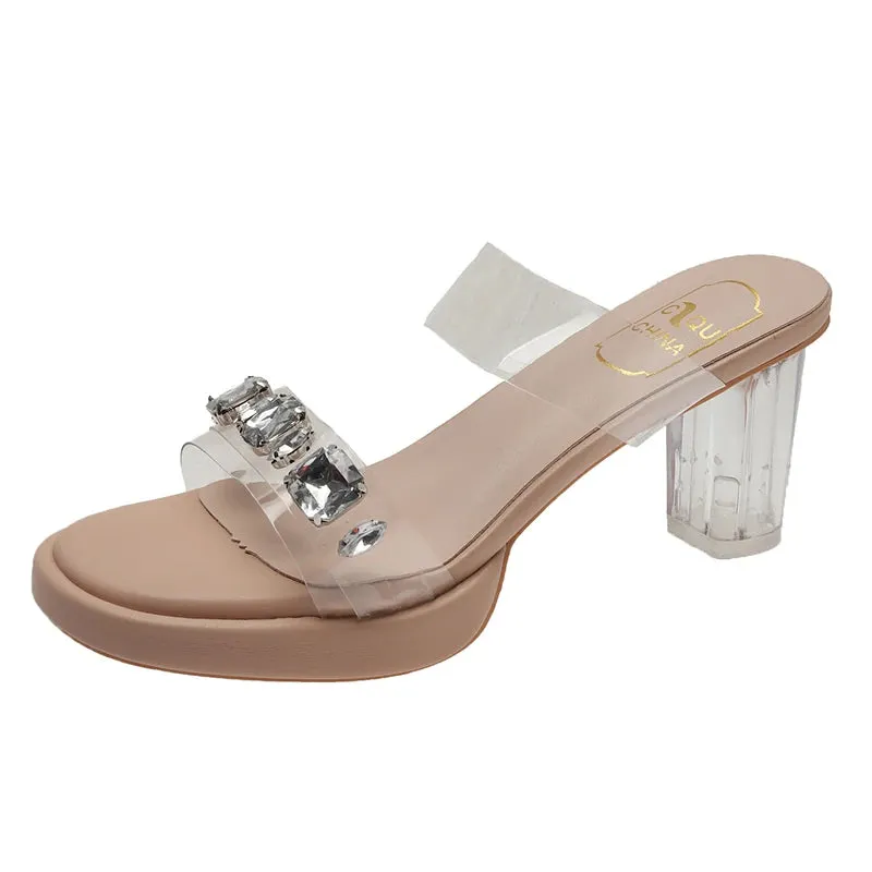 Sohiwoo Chunky Platform High Heels Sandals Women Summer 2023 Shiny Crystal Transparent Pvc Sandals Woman Clear Thick Heeled Party Shoes
