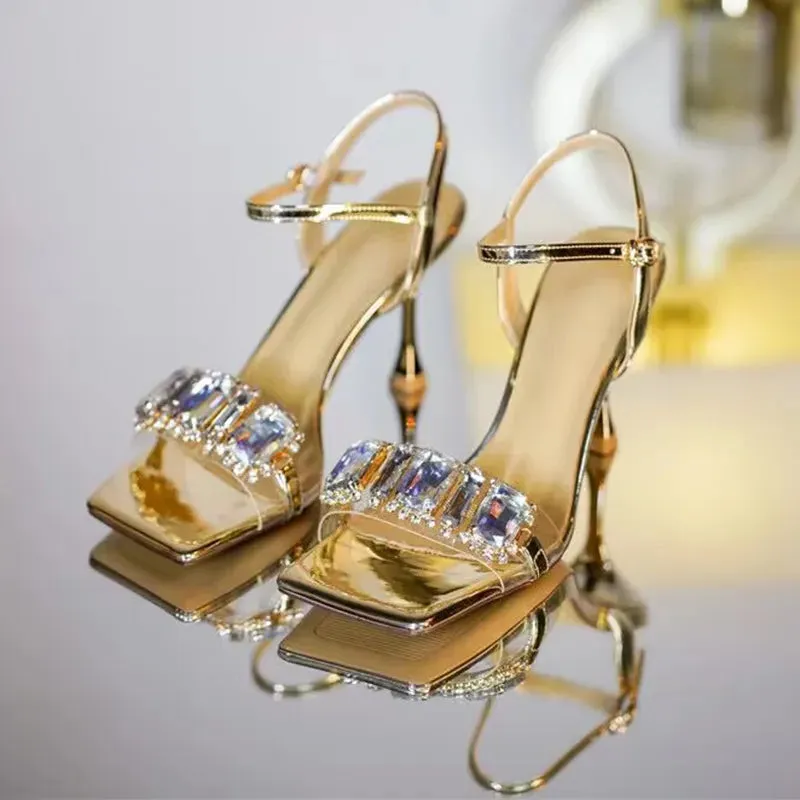 Sohiwoo Gold Silver High Heels Sandals Women Summer Square Toe Shiny Crystal Sandals Woman Ankle Straps Thin Heel Party Pumps Shoes
