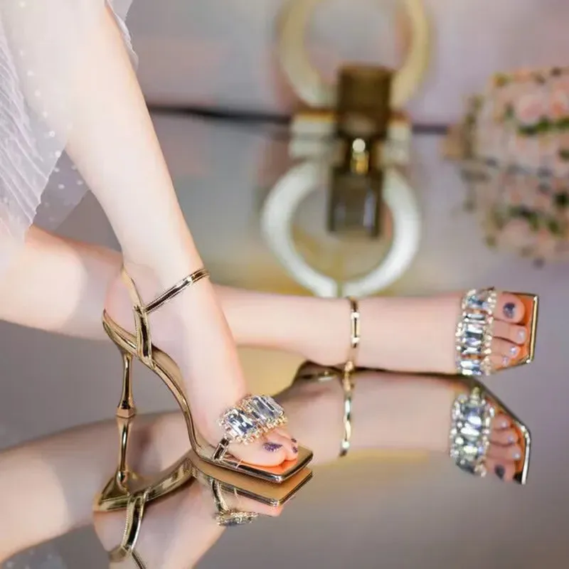 Sohiwoo Gold Silver High Heels Sandals Women Summer Square Toe Shiny Crystal Sandals Woman Ankle Straps Thin Heel Party Pumps Shoes