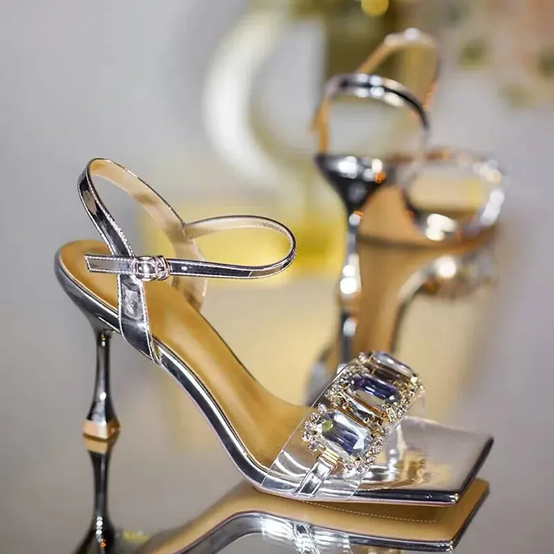 Sohiwoo Gold Silver High Heels Sandals Women Summer Square Toe Shiny Crystal Sandals Woman Ankle Straps Thin Heel Party Pumps Shoes