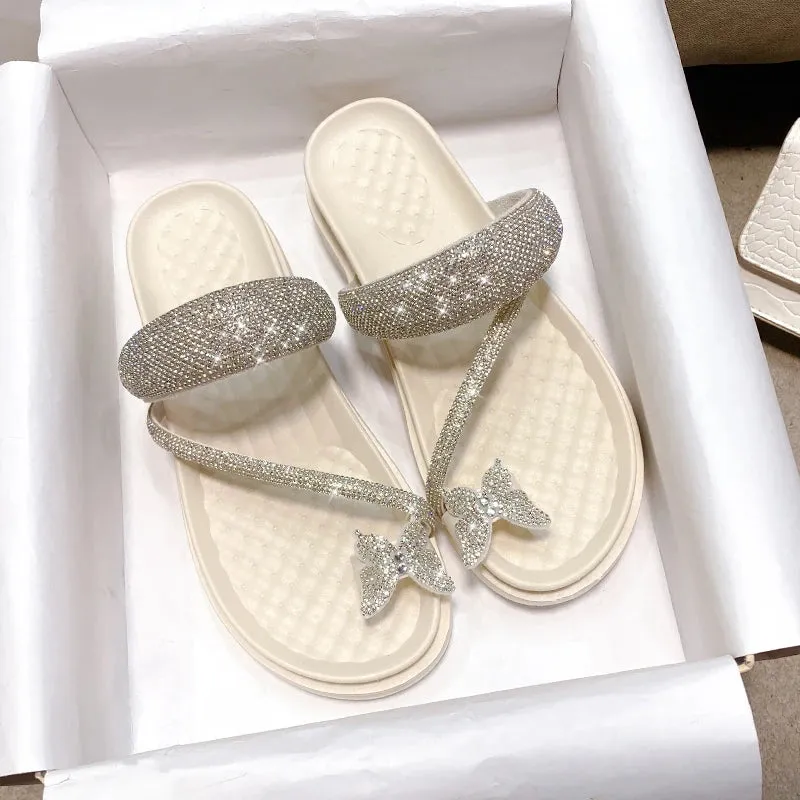 Sohiwoo Shiny Crystal Butterfly Flat Heeled Sandals Women 2024 Summer Clip Toe Platform Slippers Woman Soft Thick Sole Flip-Flops Slides