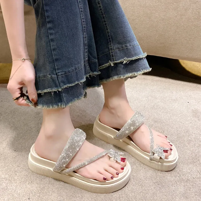 Sohiwoo Shiny Crystal Butterfly Flat Heeled Sandals Women 2024 Summer Clip Toe Platform Slippers Woman Soft Thick Sole Flip-Flops Slides