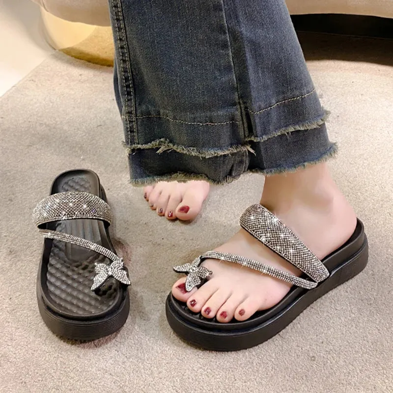 Sohiwoo Shiny Crystal Butterfly Flat Heeled Sandals Women 2024 Summer Clip Toe Platform Slippers Woman Soft Thick Sole Flip-Flops Slides