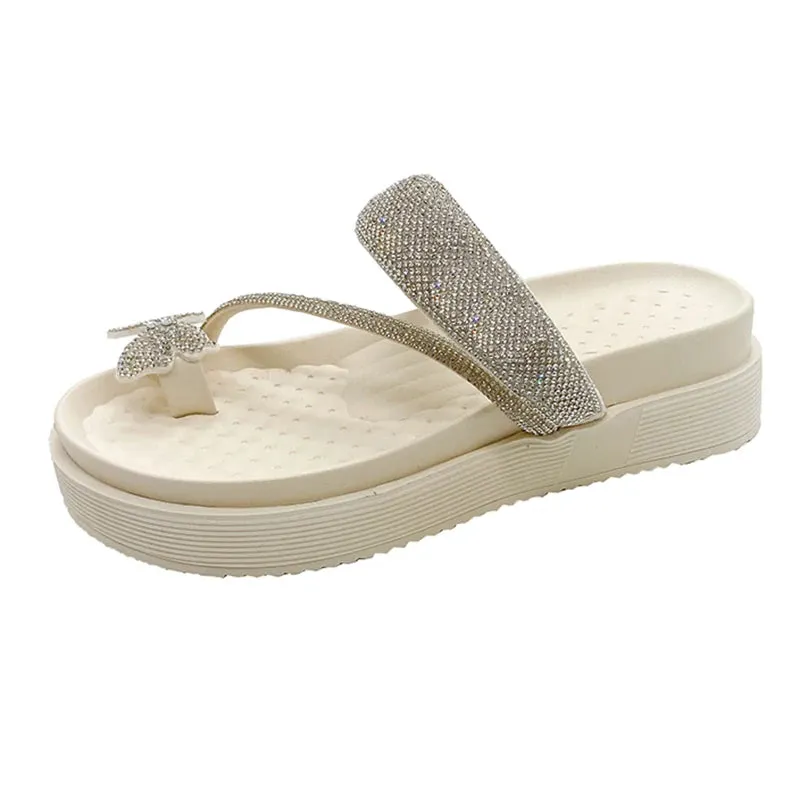 Sohiwoo Shiny Crystal Butterfly Flat Heeled Sandals Women 2024 Summer Clip Toe Platform Slippers Woman Soft Thick Sole Flip-Flops Slides