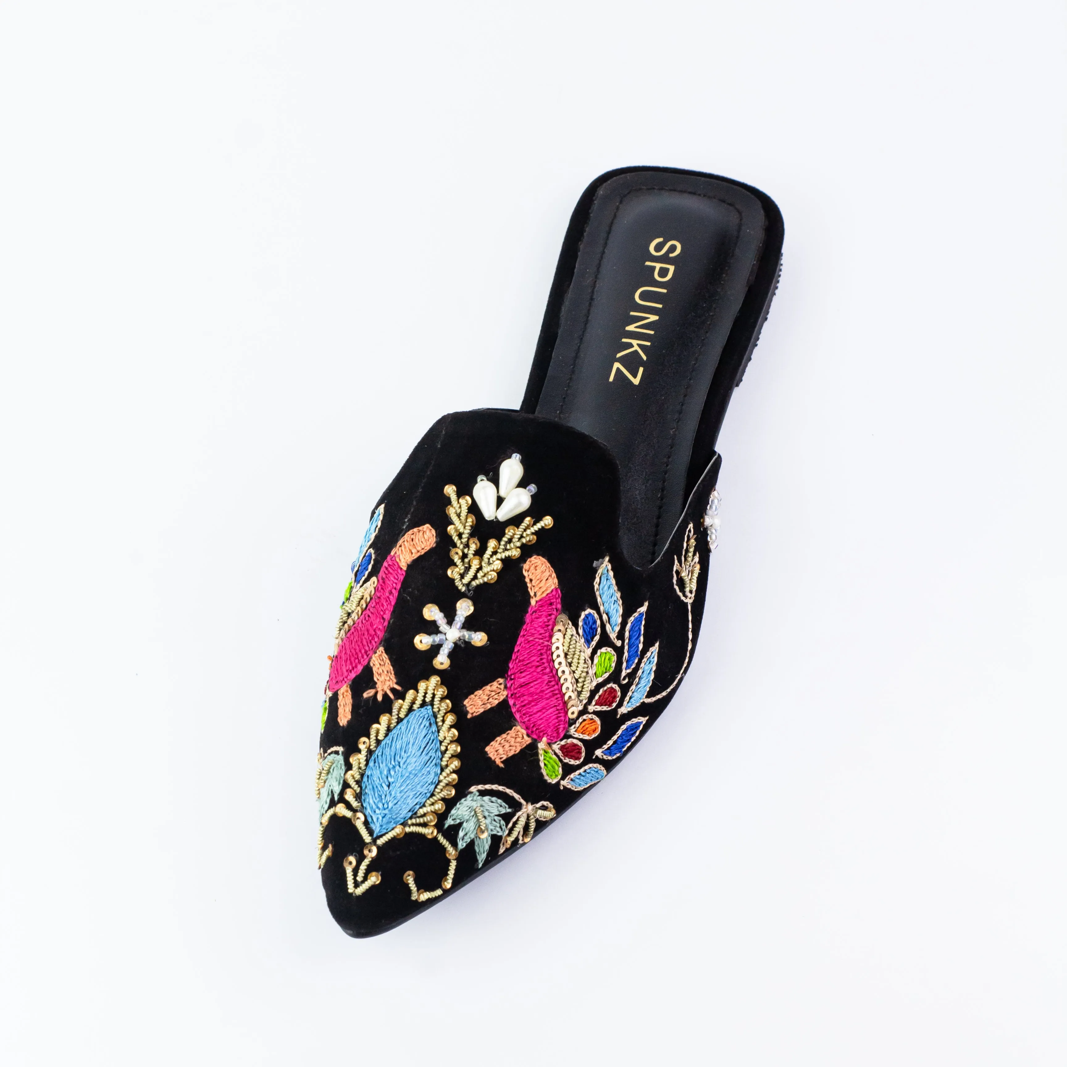 Spunkz Peacock Hand Embroidery Black Velvet Flat Mules