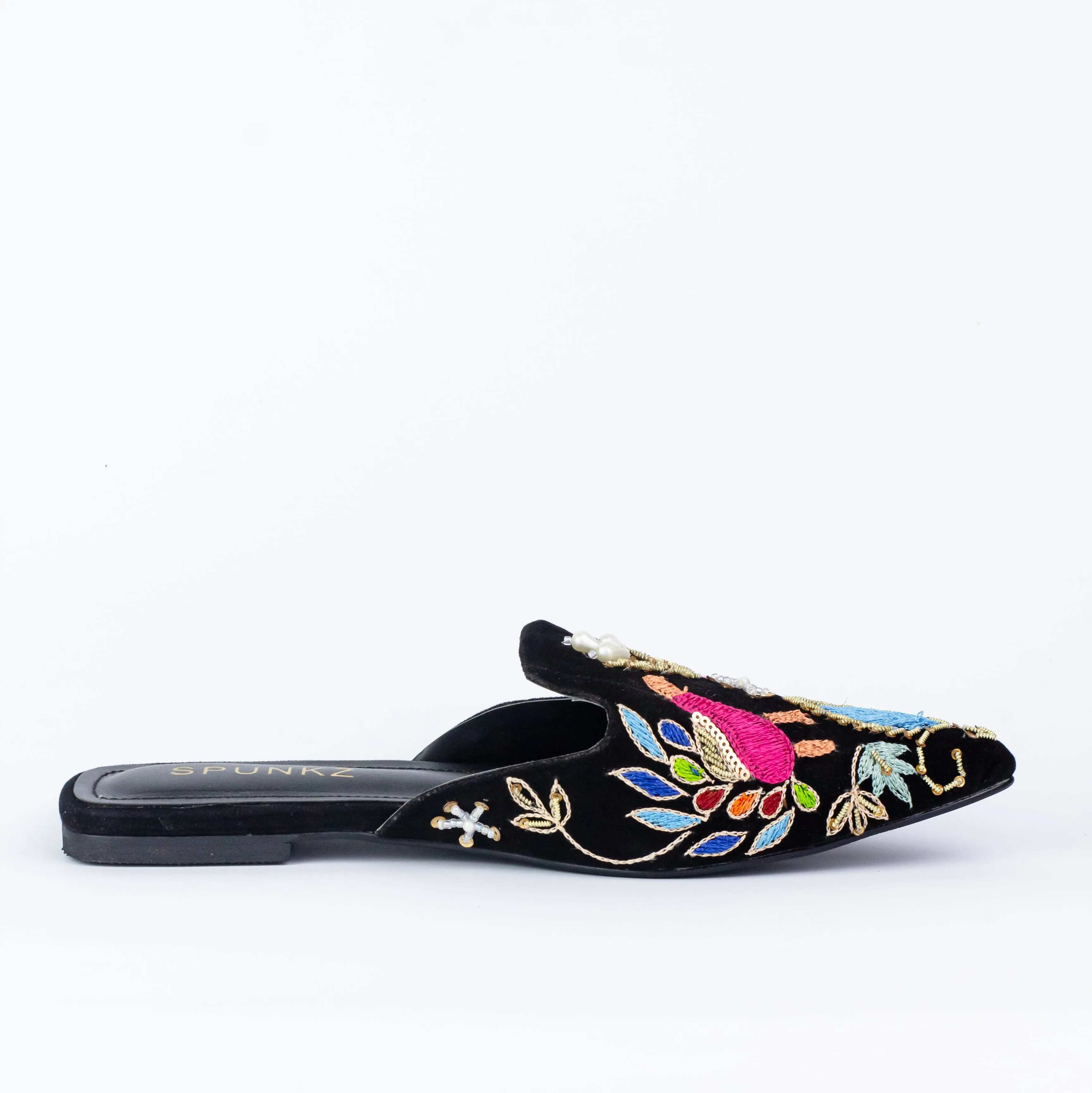Spunkz Peacock Hand Embroidery Black Velvet Flat Mules