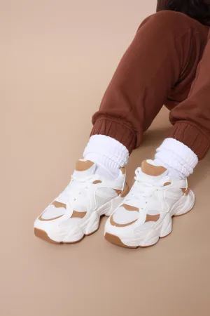 Step Down Lace Up Chunky Sneakers - White/Tan