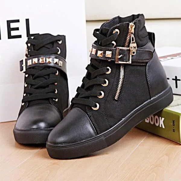 Women's Casual Studded Zip Flat Canvas Shoes 14114591S