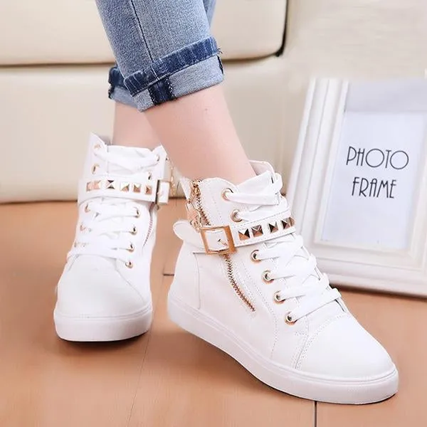 Women's Casual Studded Zip Flat Canvas Shoes 14114591S