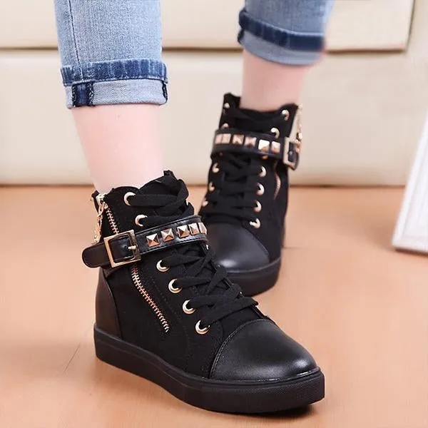 Women's Casual Studded Zip Flat Canvas Shoes 14114591S